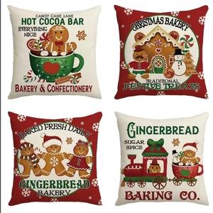 Set of 4 Christmas Gingerbread Throw Pillow Covers 18x18